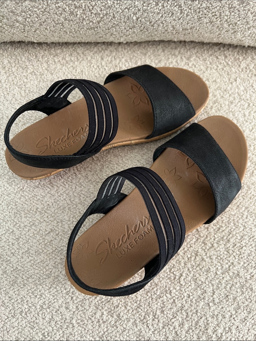 Skechers Women's Black and Tan Strappy Elastic Back Sandals
